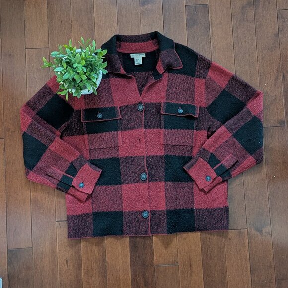 SOFT PLAID KNIT BUTTON UP FLANNEL CARDIGAN SWEATER - Picture 1 of 2
